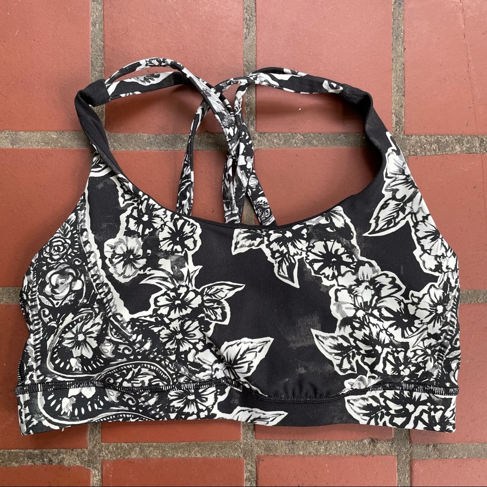 Lululemon black and white floral print energy bra, size 6